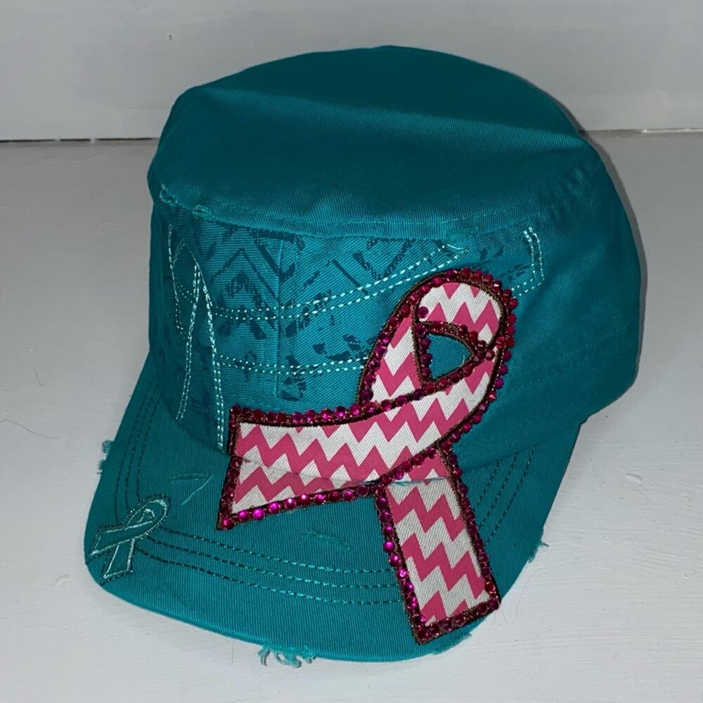 Pink Ribbon Trucker Cadet Hat Teal Rhinestone Breast Cancer Awareness NWT